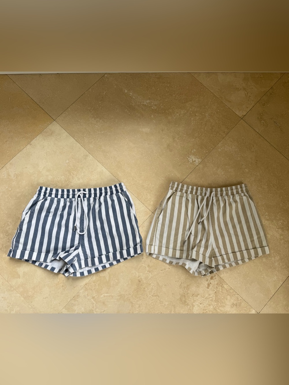 Forever 21 Blue & White & Khaki & White Striped Drawstring Shorts